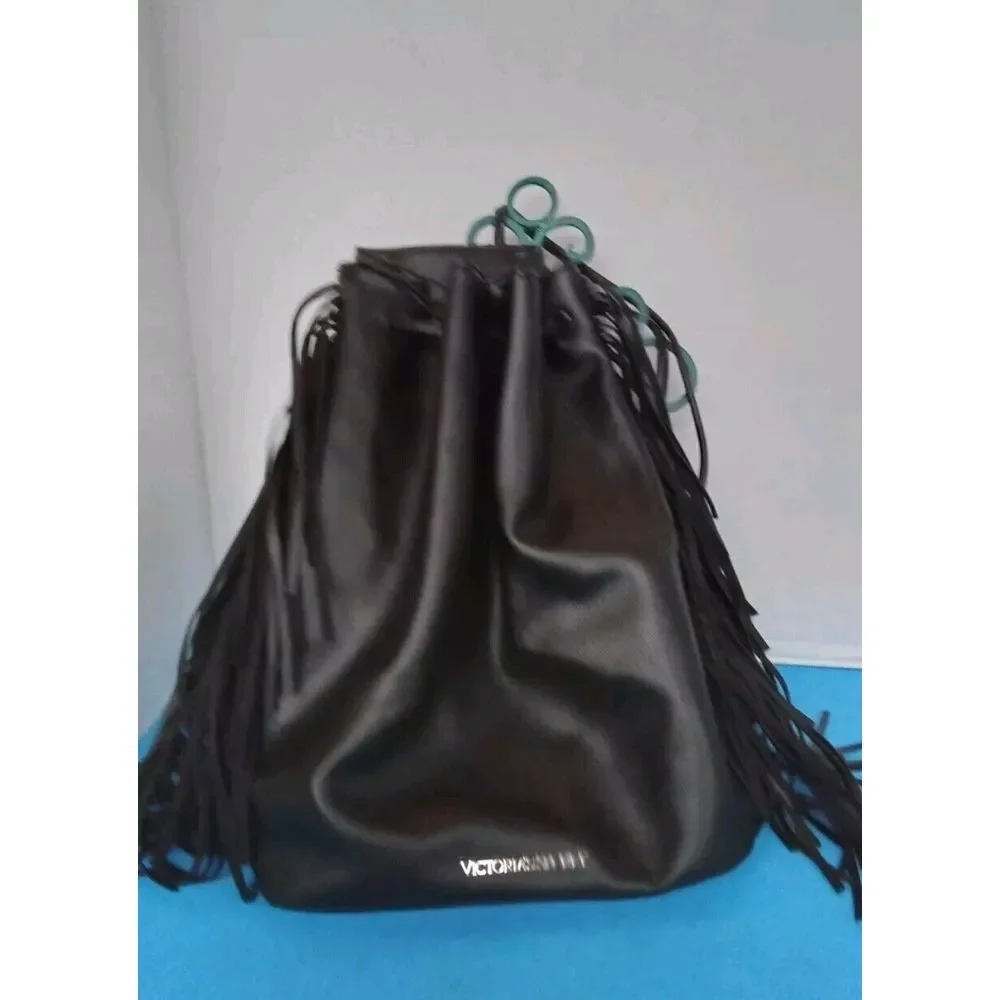 Victoria's Secret Black Faux‎ Leather Drawstring Bucket Bag with Fringe Detail